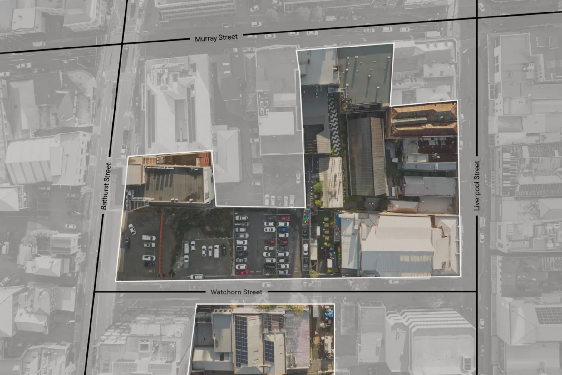 Aerial view of a city block between Murray, Watchorn, Bathurst, and Liverpool Streets, with parking lots and buildings highlighted over a faded city map background.