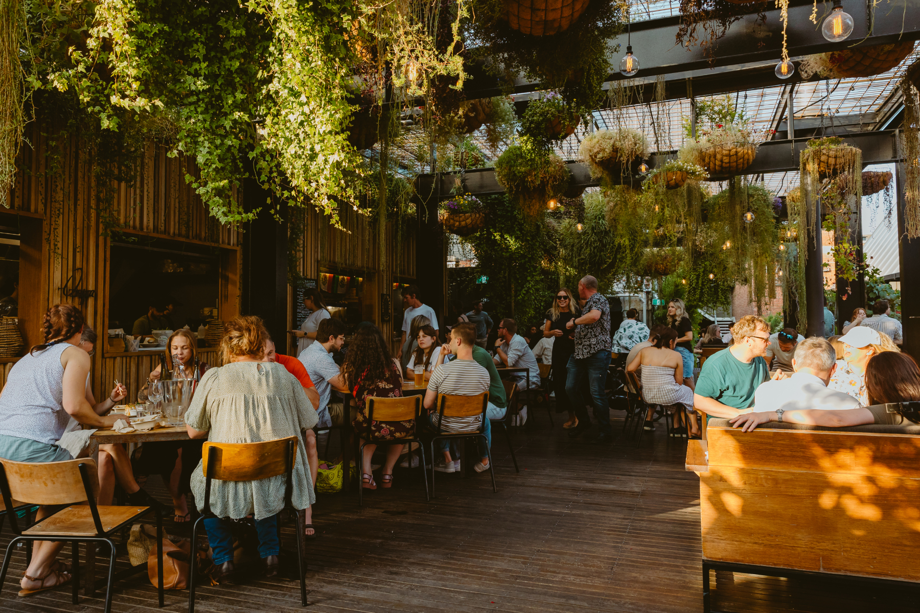 People dine and socialize at wooden tables in a lively, sunlit restaurant with hanging plants and greenery, creating a relaxed, garden-like atmosphere.