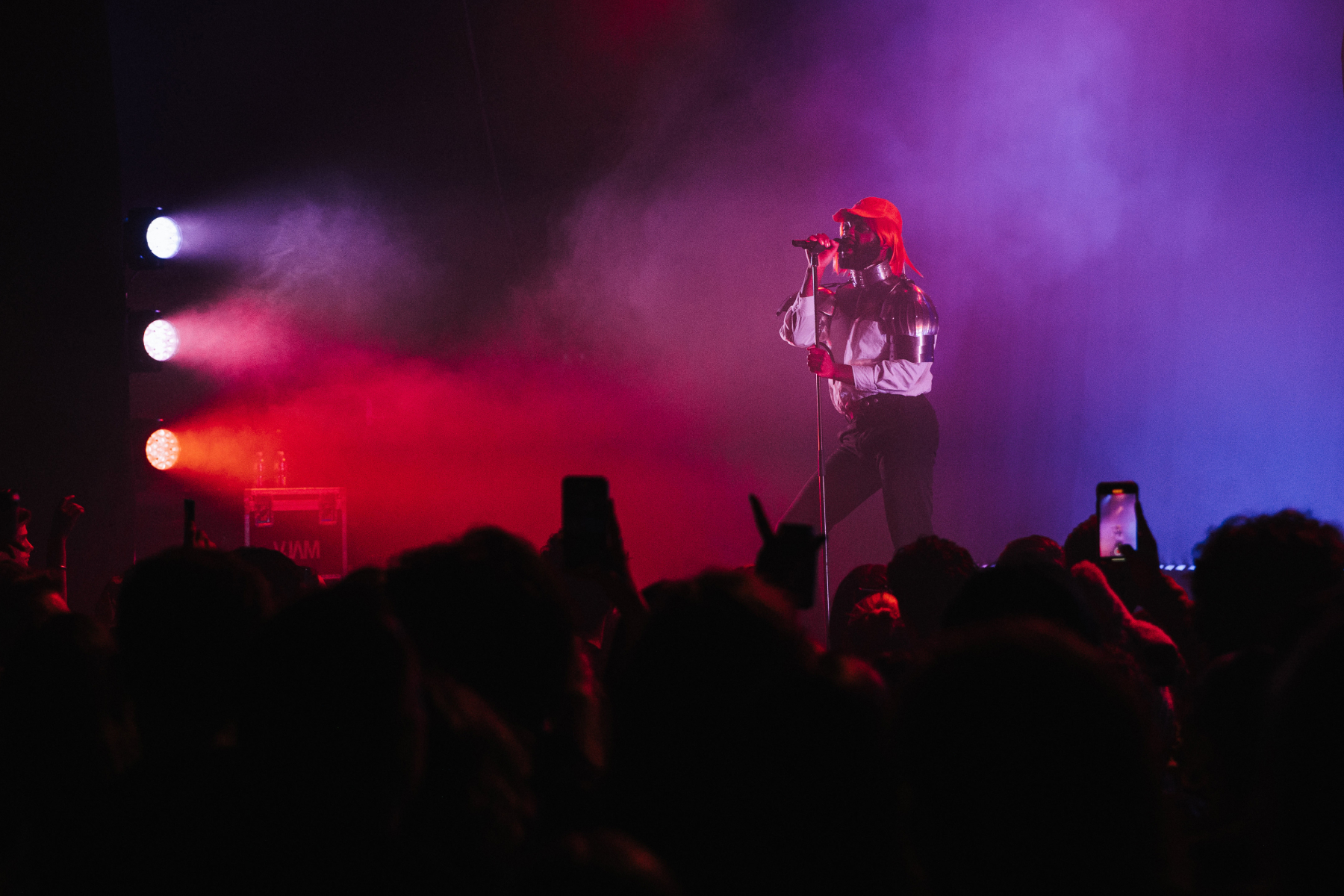 A singer performs on stage under red and purple lights, holding a microphone. The audience in the foreground watches and films the concert with their phones.